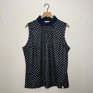 Navy Star-Patterned Sleeveless Collared Top Polo Preppy‎